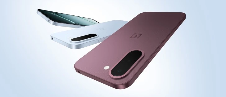 OnePlus N6x in Burgundy Red and Ice Blue colors with dual rear cameras showcased in a premium studio setup.