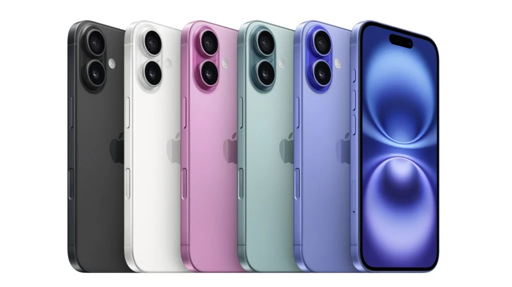 Apple iPhone 16 smartphone in a clean studio setup with front and back views.