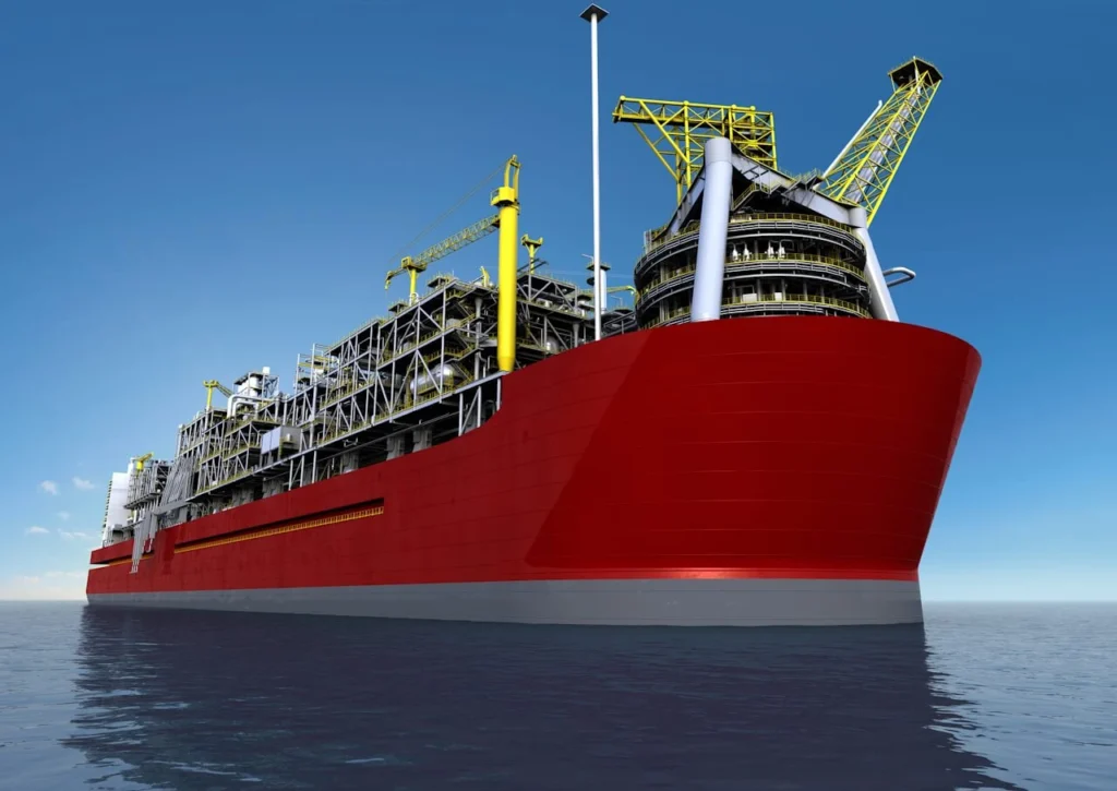 Prelude FLNG, the world's largest floating LNG plant, operating offshore with advanced gas processing facilities in the middle of the ocean.