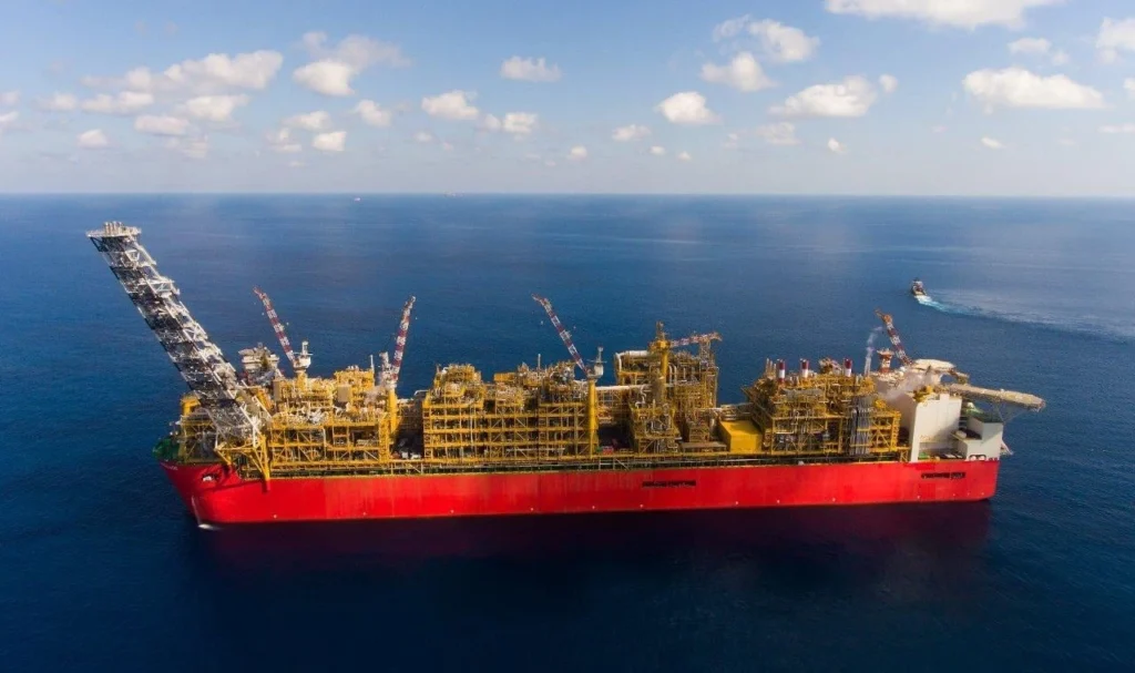 Prelude FLNG, the world's largest floating LNG plant, operating offshore with advanced gas processing facilities in the middle of the ocean.