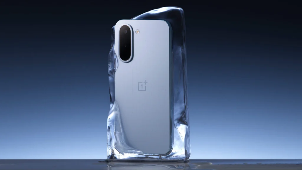 OnePlus N6x in Burgundy Red and Ice Blue colors with dual rear cameras showcased in a premium studio setup.