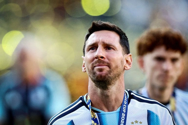 Lionel Messi in Argentina jersey during an emotional farewell after announcing his international retirement.