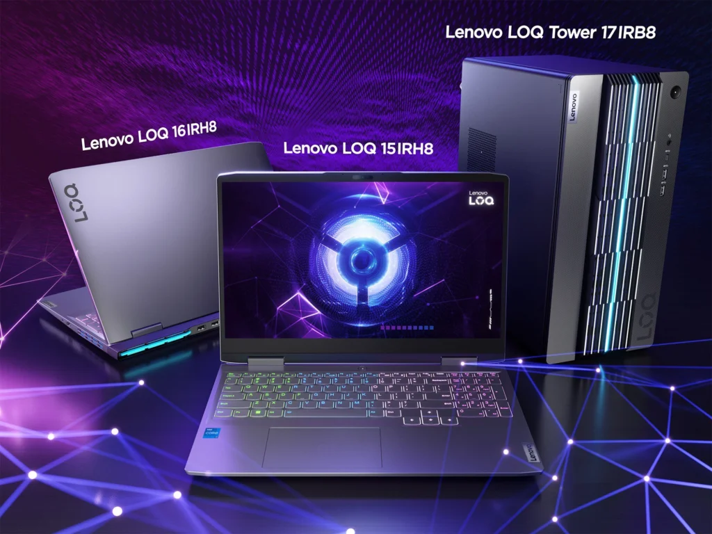 Lenovo LOQ budget gaming desktop with RGB cooling and Nvidia RTX graphics setup.