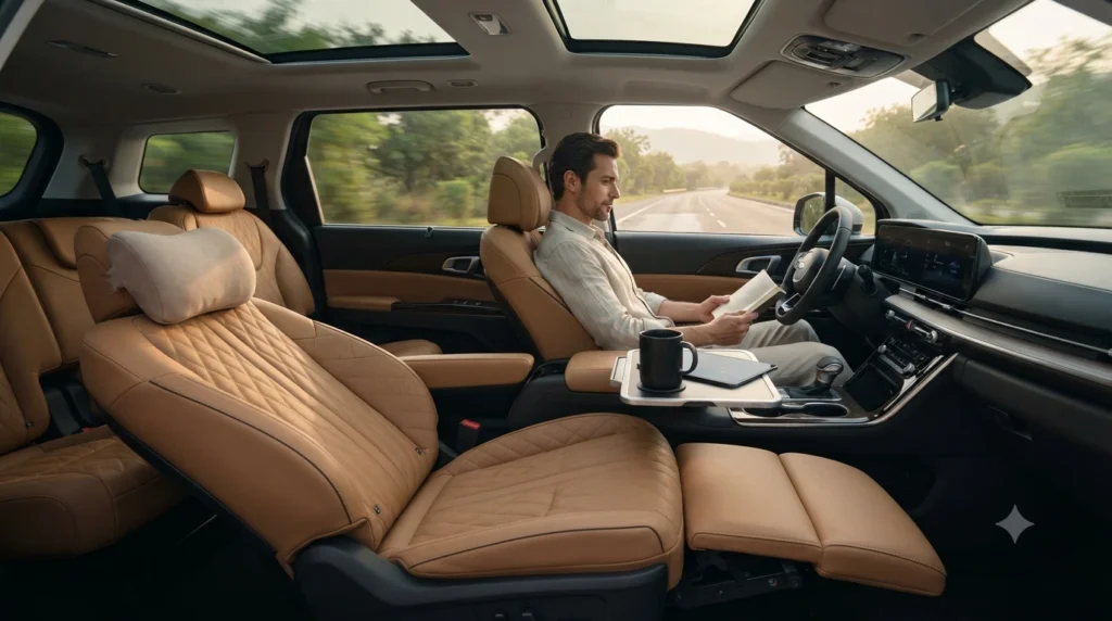 Ultra-luxurious premium 7-seater Kia MPV interior with zero-gravity recliners and panoramic sunroof
