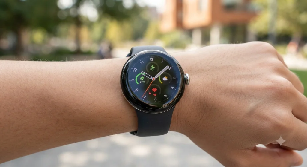 Google Pixel Watch 5 smartwatch with bright AMOLED display and Wear OS 7.