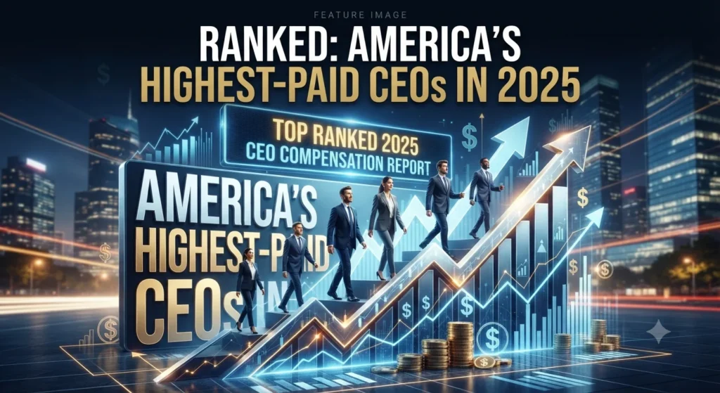 America's Highest-Paid CEOs ranking with executive compensation and CEO pay gap illustration.