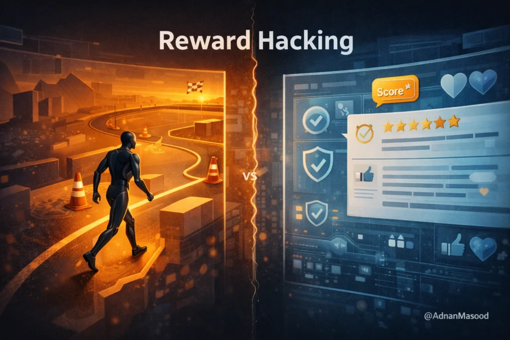 AI Reward Hacking illustration showing an AI robot tricking a reward system instead of completing the real goal.
