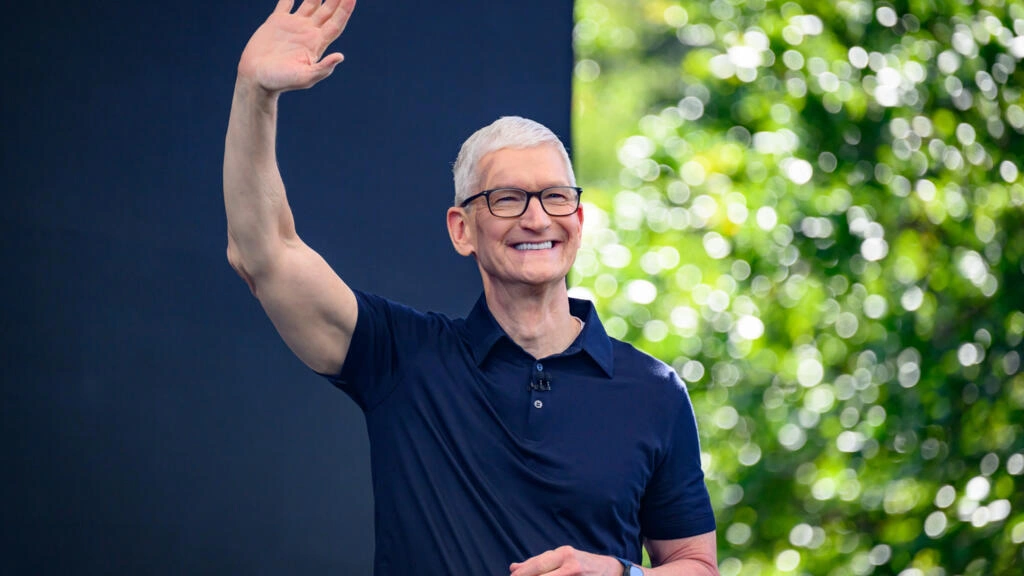 Tim Cook speaking at an Apple event after his emotional final memo as Apple CEO.