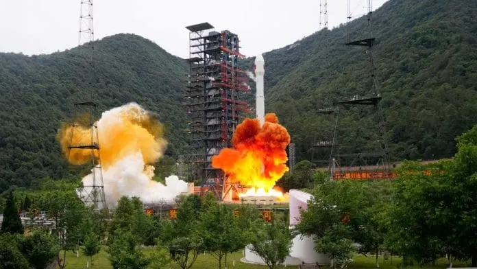 Shijian-31 spy satellite in high Earth orbit above the geostationary belt.