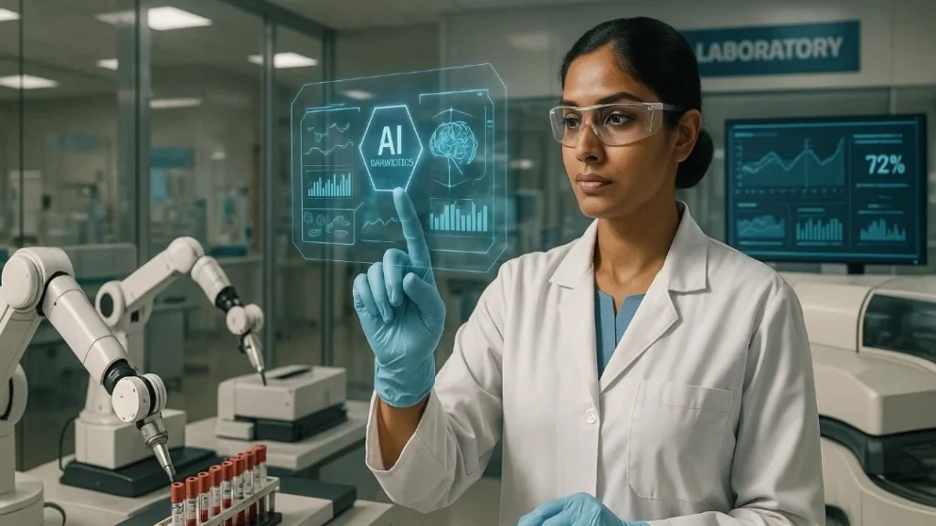 AI naye materials aur crystal structures ko futuristic laboratory mein design karta hua visual.