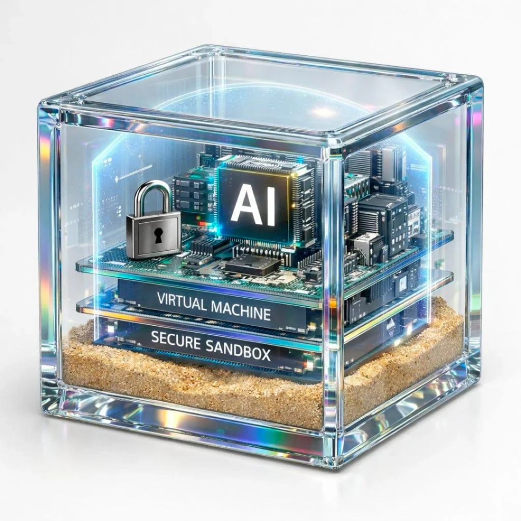 AI Containment Problem ko dikhata hua secure AI sandbox aur autonomous AI agents ka visual jo AI safety aur control ko explain karta hai.