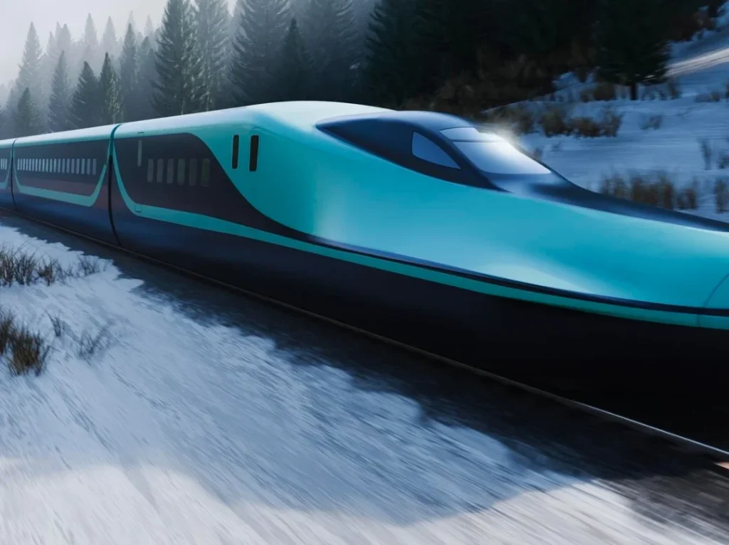 India 350 km/h Bullet Train B35 next to Japan E10 Shinkansen high-speed rail concept.
