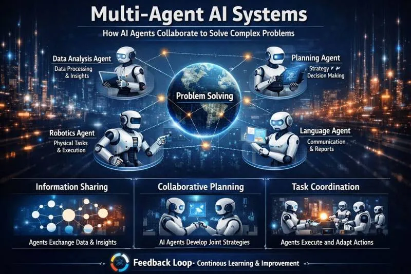 Multi-Agent AI System showing multiple AI agents collaborating on research, coding, testing, and decision making.