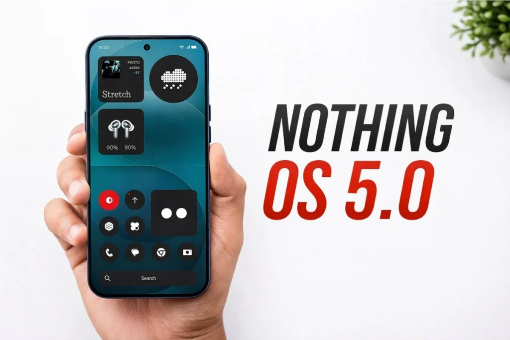Nothing Phone par Nothing OS 5.0 Android 17 update ka interface aur naye features.