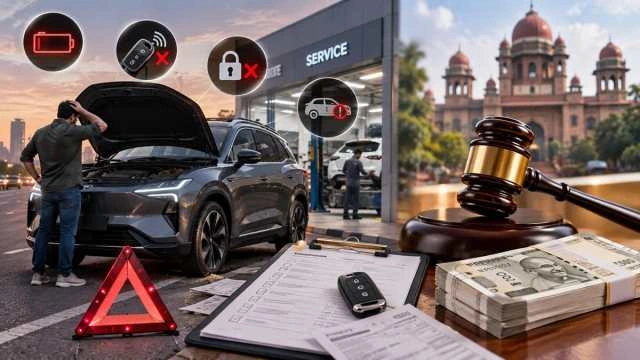 Electric vehicle at a car dealership after a consumer court ordered a Rs 28 lakh refund for a faulty EV.
