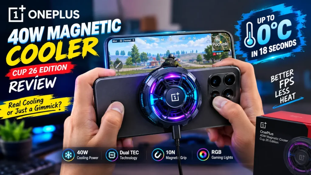 OnePlus 40W Magnetic Cooler Cup 26 Edition attached to a gaming smartphone during BGMI gameplay.