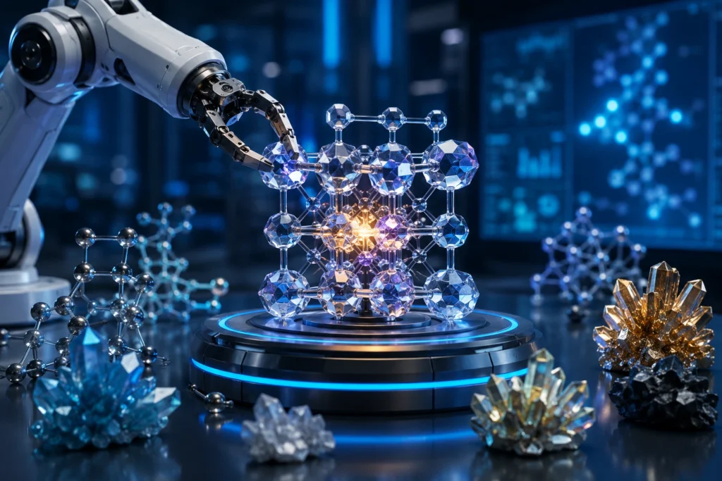 AI futuristic laboratory mein naya crystal material design karta robotic arm