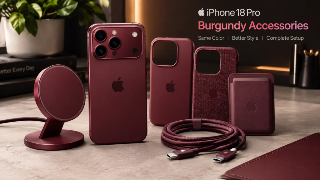 Burgundy iPhone 18 Pro with matching MagSafe charger, braided USB-C cable and premium accessories.