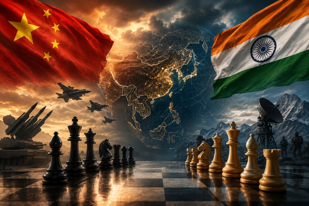 China War Law strategic image showing China and India flags with military chessboard and Asia map