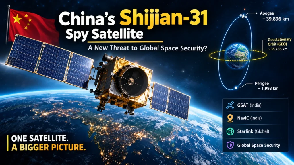 Shijian-31 spy satellite in high Earth orbit above the geostationary belt.