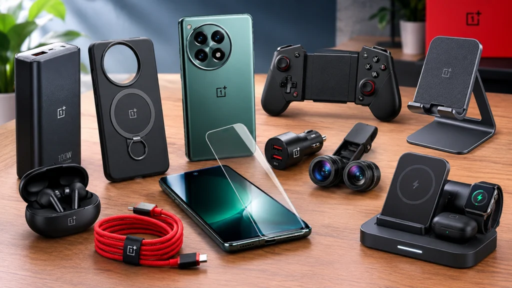 Best OnePlus Phone Accessories 2026 including SUPERVOOC power bank, Buds Pro, magnetic case, gaming controller, and wireless charging station.