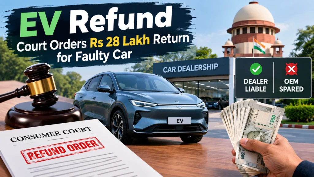 Electric vehicle at a car dealership after a consumer court ordered a Rs 28 lakh refund for a faulty EV.