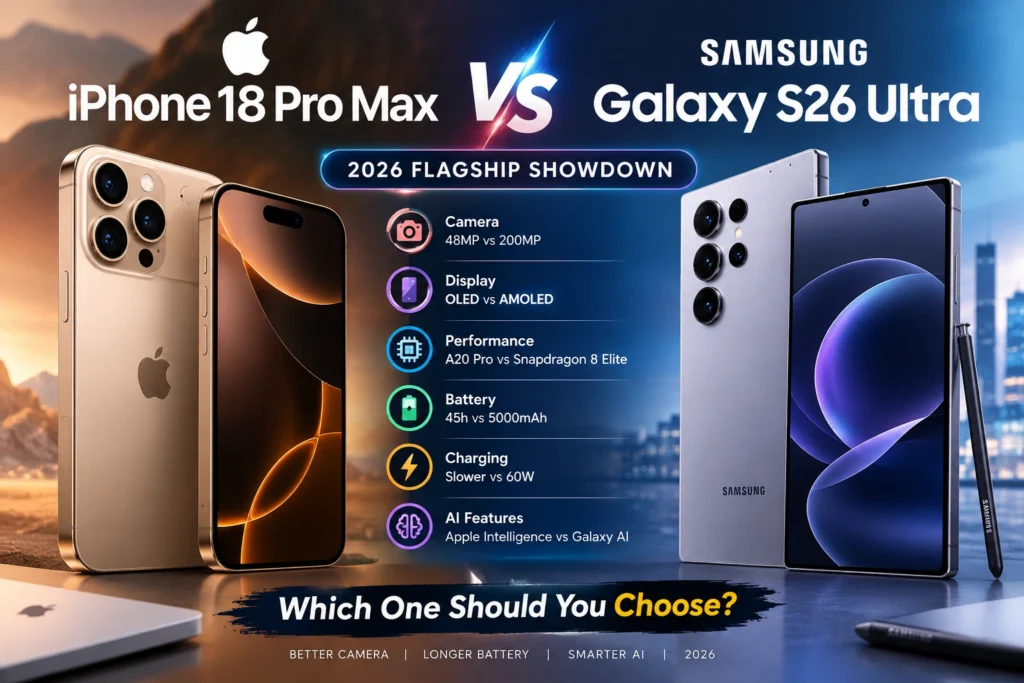 iPhone 18 Pro Max vs Galaxy S26 Ultra flagship smartphone comparison with camera, display and performance.