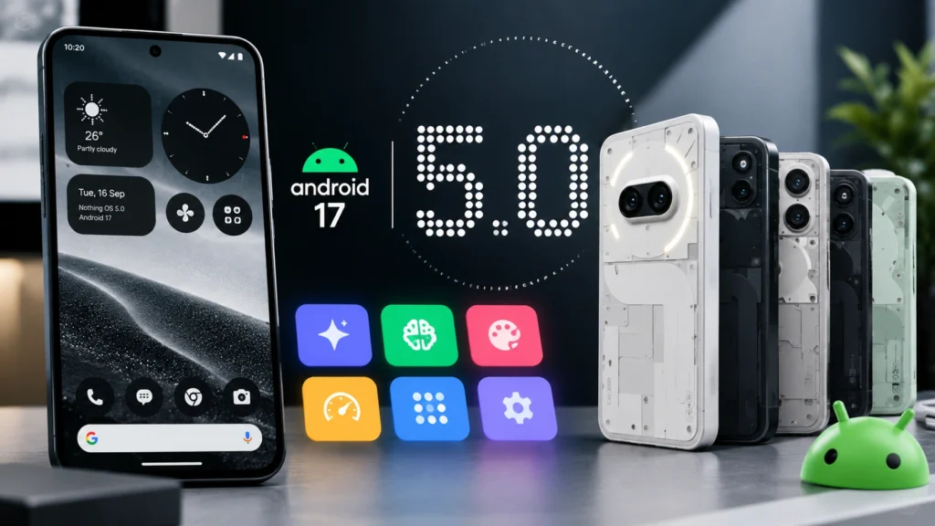 Nothing Phone par Nothing OS 5.0 Android 17 update ka interface aur naye features.