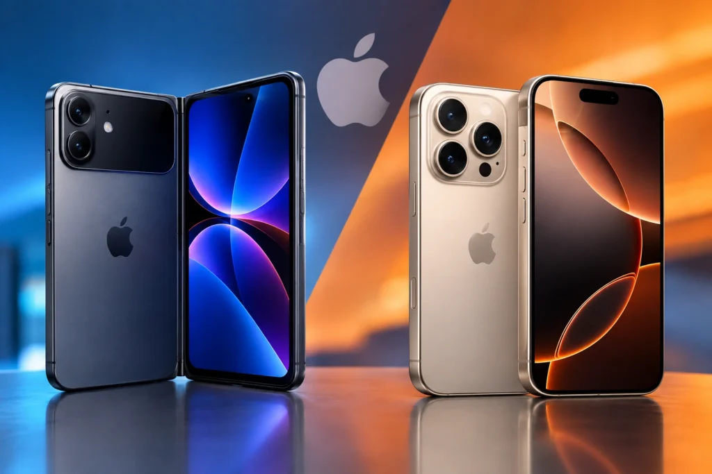 iPhone Duo vs iPhone 17 Pro comparison showing foldable design, camera and performance differences.