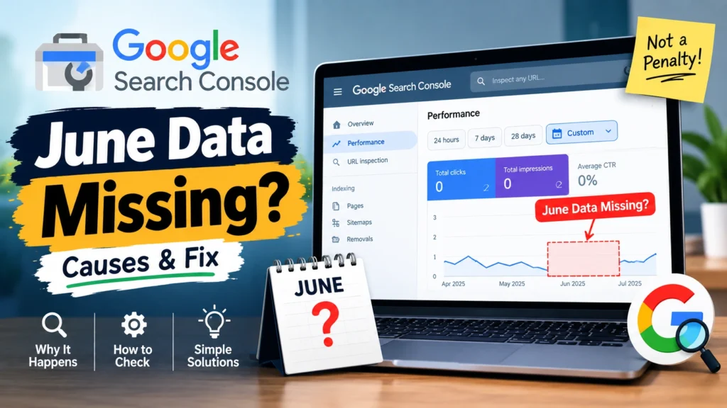 Google Search Console June Data Missing performance report screenshot showing June data issue.