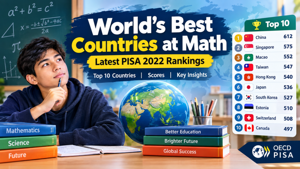 World's Best Countries at Math PISA 2022 global rankings showing the top 10 countries by mathematics score.