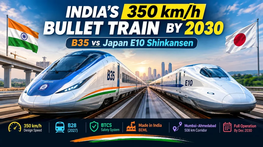 India 350 km/h Bullet Train B35 next to Japan E10 Shinkansen high-speed rail concept.