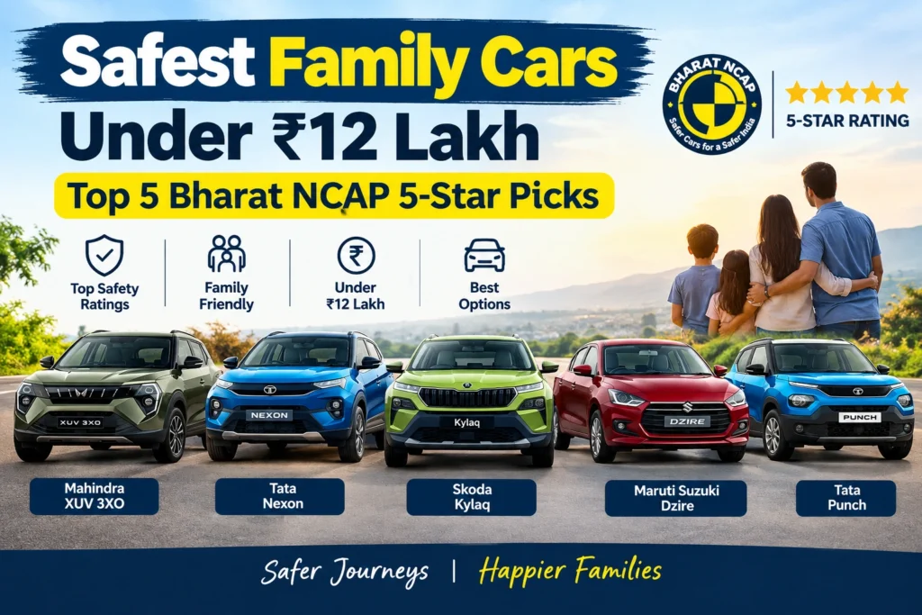 Top 5 safest family cars under ₹12 lakh with 5-Star Bharat NCAP including XUV 3XO, Nexon, Kylaq, Dzire, and Punch.
