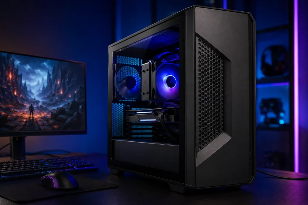 Lenovo LOQ budget gaming desktop with RGB cooling and Nvidia RTX graphics setup.