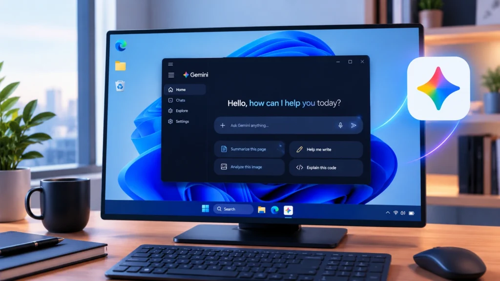 Google Gemini Windows App running on a Windows desktop with AI assistant interface.