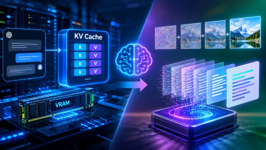 AI KV Cache aur Diffusion LLM Technology ka futuristic illustration