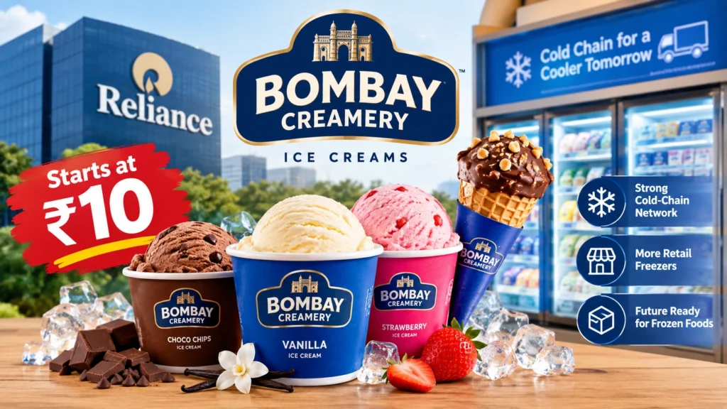 Reliance Ice Cream Bombay Creamery launch with ₹10 ice cream cups and cones.