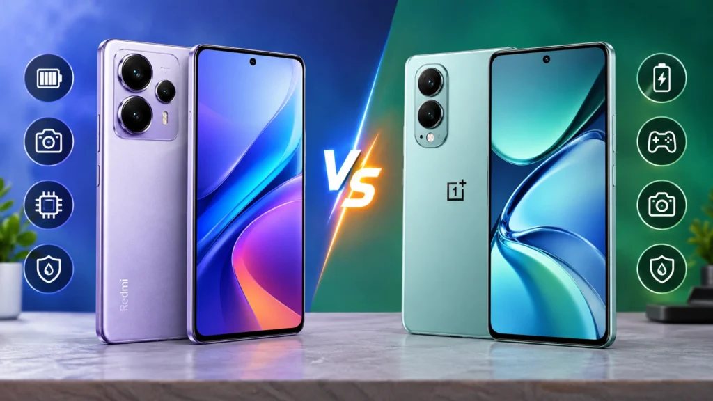 Redmi Note 17 Pro vs OnePlus Nord CE 6 smartphone comparison showing display, battery, camera, performance, and charging differences.