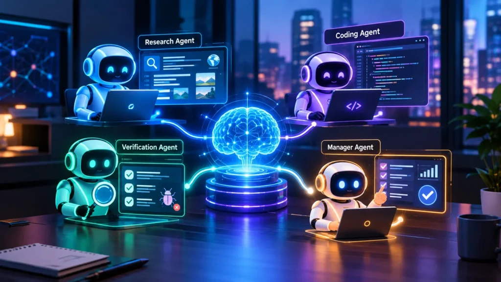 Multi-Agent AI System showing multiple AI agents collaborating on research, coding, testing, and decision making.