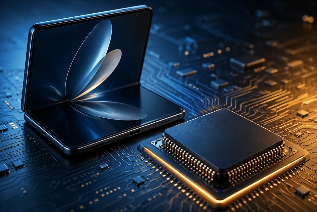 Xiaomi foldable smartphone with advanced memory chip on a futuristic circuit board.
