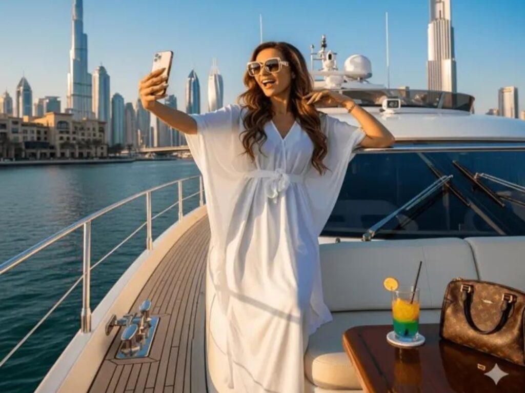 Dubai content creator filming videos with smartphone in front of the Dubai skyline.