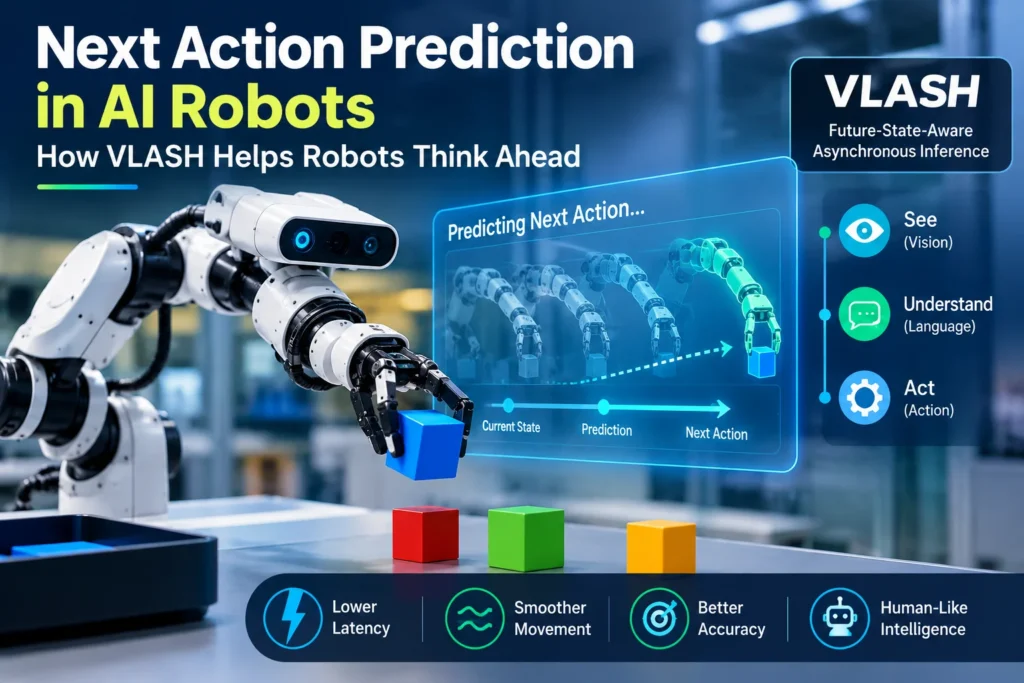 AI robot using Next Action Prediction with VLASH to reduce latency and predict future movement.